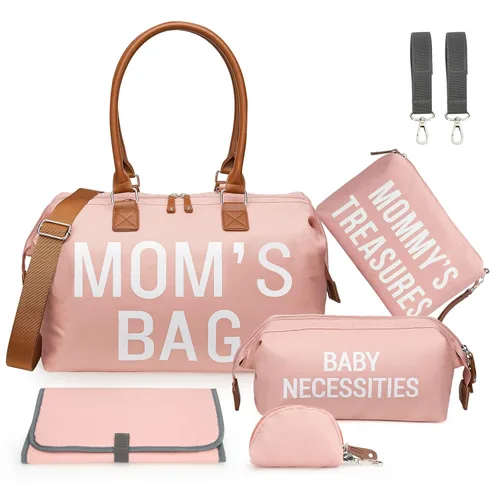 Vista 16 de printe Bolsa de pañales grande de 6 piezas con cambiador y 2 bolsas organizadas, bolsa de mamá para hospital con funda para chupete, correas, gancho