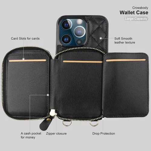 Vista 7 de Bocasal - Funda tipo cartera cruzada para iPhone 13 Pro, color negro RFID Blocking PU Leather Zipper Handbag Purse, Kickstand Flip Folio Case with