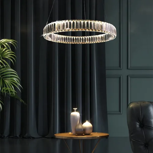 Vista 2 de Candelabros modernos de cristal con control remoto, 3000-6000 K 20 pulgadas, anillo de oro de 20 pulgadas, lámpara LED regulable de cristal redondos