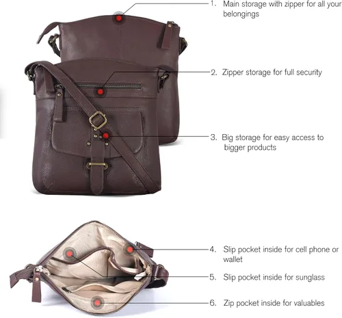 Vista 2 de Oak Leathers Leather Crossbody Bag For Women With Adjustable Sling Strap - Medium Size Crossover Shoulder Handbag Purse