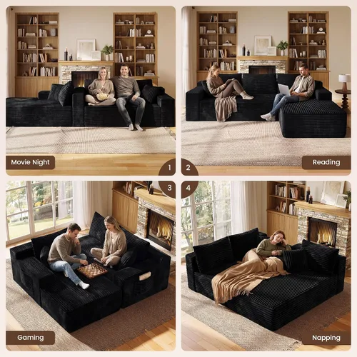 Vista 9 de WINBOY Sofás deshuesados en forma de L de 106 pulgadas para sala de estar, cómodo asiento profundo modular, sofá de pana comprimido, negro, Chiase