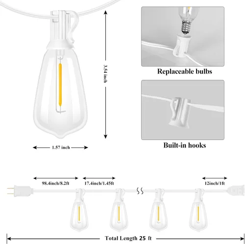 Vista 2 de Brightever Luces de Cadena para Exteriores de 25 Pies, Luces de Patio ST38 con 13 Bombillas Edison, Luces Colgantes Impermeables Conectables