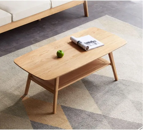 Vista 2 de Mesa de centro 100% de madera maciza con estante de almacenamiento abierto, mesa de centro baja de roble, mesa de estudio moderna japonesa para sala