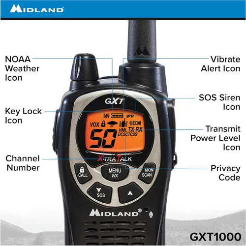 Vista 3 de Midland GXT1000VP4 Radio bidireccional GMRS de 50 canales – Walkie Talkie de hasta 36 millas – Negro/Plata (paquete de 4)