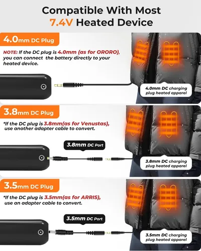 Vista 3 de Glaais Chaleco térmico de 5 V, 7,4 V, 18400 mAh, batería compatible con ORORO, batería para chaleco térmico con LED, batería recargable