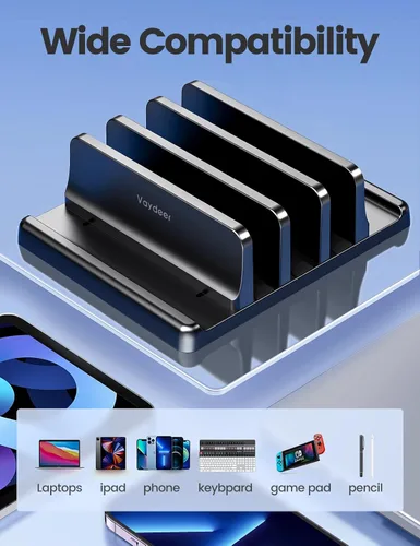 Vista 5 de Vaydeer Organizador vertical de 3 ranuras para laptop, soporte de almacenamiento para portátil hecho de plástico ABS de alta calidad, diseño 5 en 1