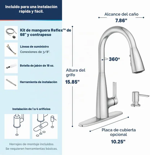 Vista 3 de Moen Haelyn - Grifo de cocina monocontrol con rociador extraíble cromado con potencia para una limpieza más rápida, dispensador de jabón incluido