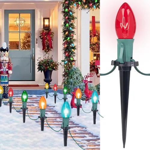 Vista 12 de Brightown Tira de luces LED estilo sendero de Navidad para exteriores; tira de 20 luces LED C9 de 25.7 pies con 20 estacas interconectables y a