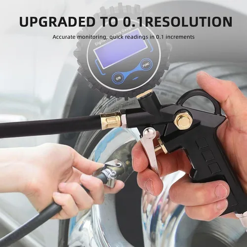 Vista 5 de Medidor de presión de neumáticos con inflador, portabrocas de aire de 250 PSI y accesorio de compresor, resistente, con conector rápido, resolución