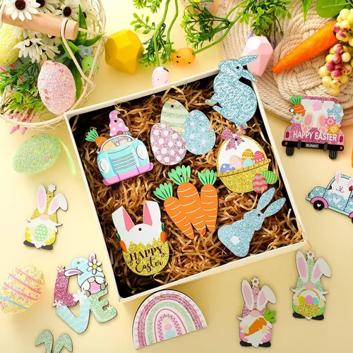Vista 7 de Kathfly 32 piezas de adornos de Pascua para árbol pequeño de madera, decoraciones de Pascua feliz, huevos de conejo, adornos colgantes de gnomo