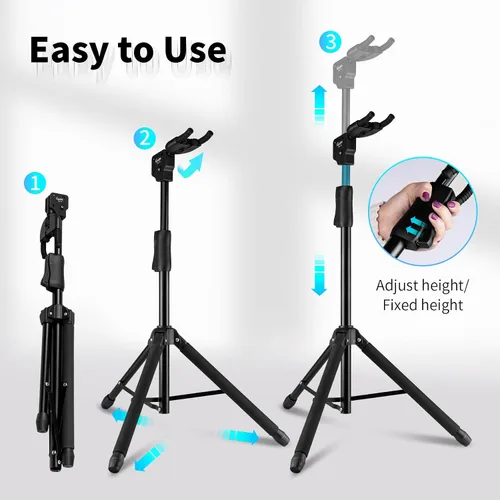 Vista 4 de GUITTO Soporte para guitarra - Bloqueo automático resistente, ajustable y plegable para acústica/eléctrica/bajo (capacidad de 15 kg), base