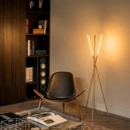 Vista 8 de Brightech Stix - Lámpara de pie LED con trípode para sala de estar, lámpara de pie moderna regulable, con 3 luces para dormitorio, iluminación Latón