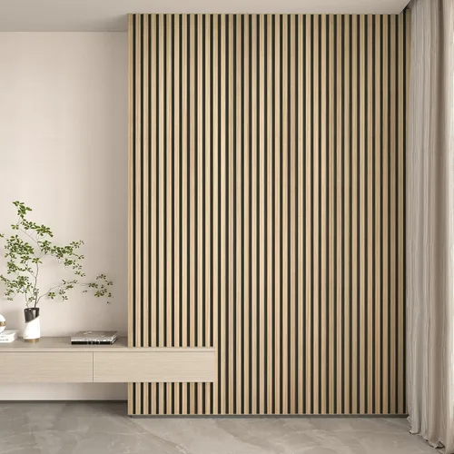 Vista 9 de Paquete de 2 paneles acústicos de pared de madera de 94 x 12.6 pulgadas, listones 3D insonorizados para paredes y techos, elegantes paneles Nogal