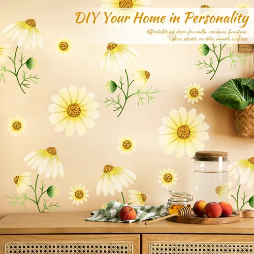 Vista 6 de Calcomanías de pared de margaritas para despegar y pegar, calcomanías de pared de vinilo con margaritas amarillas extraíbles, decoración de pared