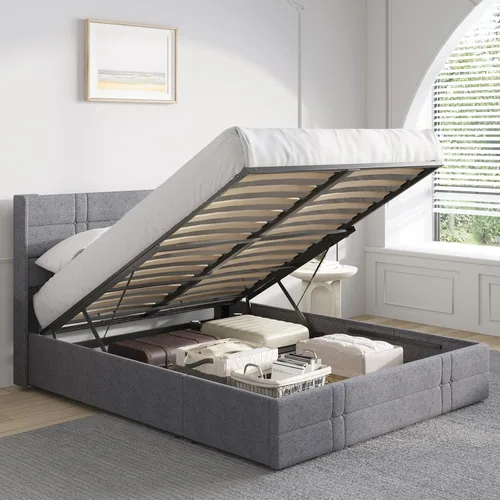 Vista 11 de Novilla Base de cama Queen con almacenamiento elevable, base de cama de plataforma tapizada con almacenamiento, no necesita somier, soporte