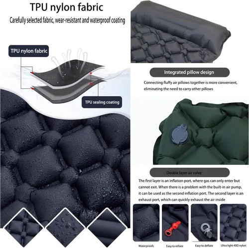 Vista 4 de Colchoneta de dormir para campamento: colchoneta inflable ultraligera con bomba de pie y almohada integradas, colchón de aire compacto mejorado