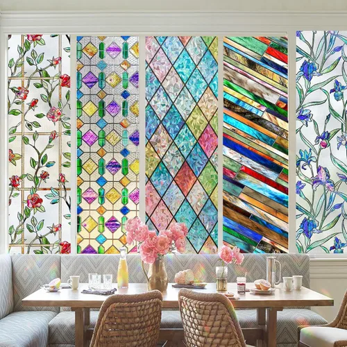 Vista 9 de Windimiley Película decorativa para ventana de vitral, 3D con diseño floral de rosas, película adhesiva estática de privacidad que difunde la luz
