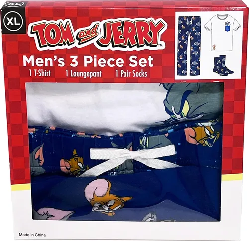 Vista 2 de Tom and Jerry Conjunto de descanso para hombre en caja de regalo que incluye camiseta, pantalones cómodos y calcetines en tallas S-M-L-XL