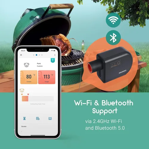 Vista 2 de INKBIRD Controlador de temperatura Wi-Fi y Bluetooth para barbacoa, termómetro automático para ventilador de ahumador, con 4 sondas para huevo