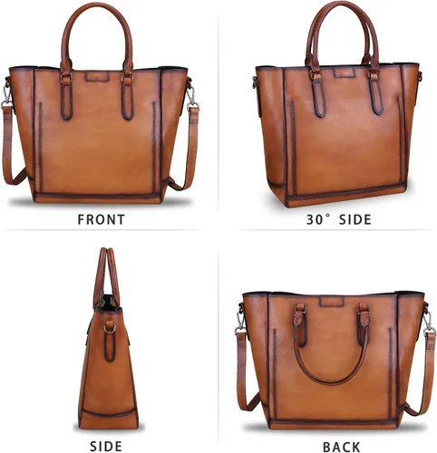 Vista 4 de Bolsos de cuero genuino para las mujeres Vintage hecho a mano Tote bolso de cuero de vaca bolso de hombro Satchel Top-Handle Bolsas para damas