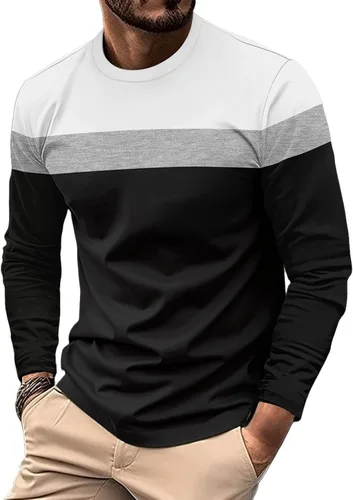 Vista 8 de Camiseta de manga larga para hombre, clásica, casual, cuello redondo, bloque de color, ajuste relajado