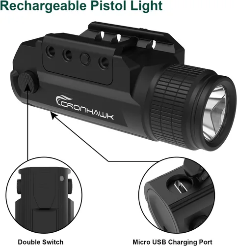 Vista 4 de CRONHAWK linterna de pistola recargable de 700 lúmenes, linterna táctica compacta de montaje en riel, luz de arma para arma, se ajusta a Picatinny