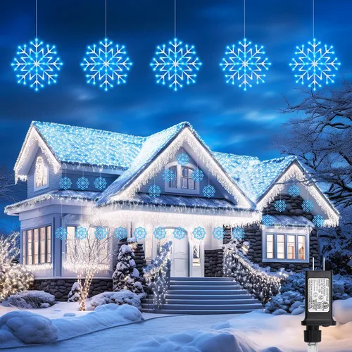 Vista 13 de Luces de Navidad Brightown estilo carámbano para exterior - Enchufe de 3.2 m, 5 gotas, 240 LED, luz de ventana con forma de copo de nieve con 8