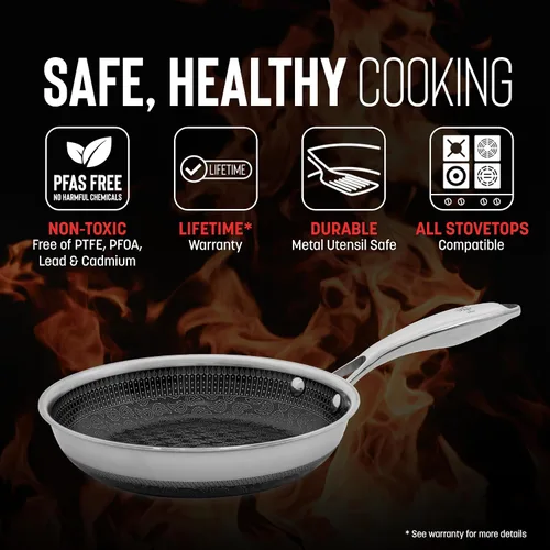 Vista 2 de Hell's Kitchen Sartén Híbrida de 8", Acero Inoxidable Tri-Clad y Cerámica Antiadherente Libre de PFAS, sin PFOA, sin PTFE, sin Teflón, Batería
