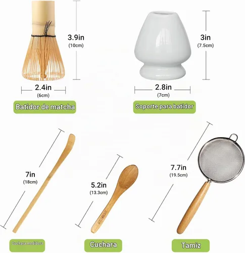 Vista 4 de SHONMISEN Juego de Batidor de Bambú Matcha - Batidor de Matcha (Chasen), Soporte para Batidor (Blanco), Colador, Cuchara para Té y Cuchara de Té
