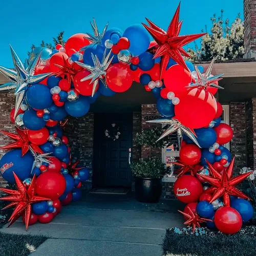 Vista 2 de Kit de Guirnalda de Arco de Globos Rojo Azul Plateado, Globos de Látex Rojo Azul Real Globos de Papel de Aluminio 4D con Estrella de Explosión