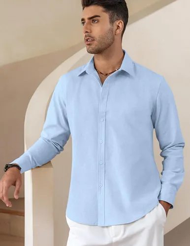 Vista 2 de COOFANDY Camisas de lino de manga larga con botones para hombre