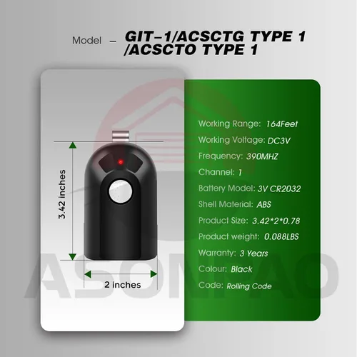 Vista 8 de 2 para mando a distancia Genie abridor de puerta de garaje GIT-1 ACSCTG tipo 1 de 390MHZ, garantía de 3 años Certificado FCC compatible con todos
