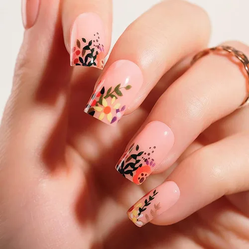 Vista 15 de Uñas postizas ovaladas a presión con puntas francesas, juego de uñas postizas cortas de flores artificiales, uñas postizas acrílicas con diseños