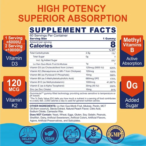 Vista 2 de Vitamina D3 5000IU + K2 (MK-7) 120mcg, sin azúcar GLP-1 amigable con vitamina D3 K2 gomitas con complejo de vitamina B -metilo B12, B9, B6 Vit E