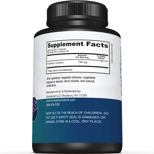 Vista 2 de Sunergetic Suplemento NAC premium N-acetil cisteína – 750 mg por cápsula – Apoya el hígado, la desintoxicación inmune, celular y respiratoria – 90 N