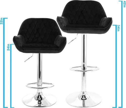 Vista 3 de Elama Taburetes de bar de terciopelo ajustables de 2 piezas en negro con base cromada, (ELM-221E)