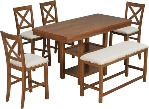 Vista 8 de JIVOIT Farmhouse 6 Piece Dining Table Set, Counter Height Table Set with 4 Chairs and a Bench, Rubber Wood Expandable Bar Table Set with Rivet Gris-3
