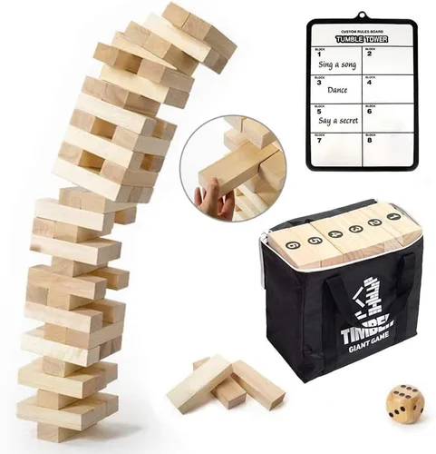 Vista 3 de Gentle Monster Torre gigante con dados y tablero de juego, juego de apilamiento de madera de gran tamaño, juegos clásicos al aire libre para adultos