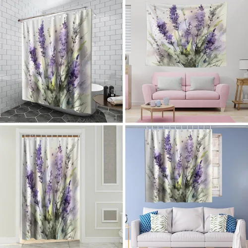 Vista 3 de TheBlackSpot Juego de cortinas de ducha con diseño floral de lavanda y acuarela, lila, plantas de campo, cortinas de baño, juegos de decoración