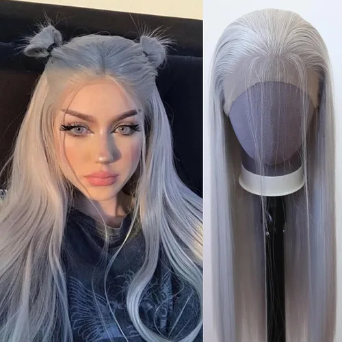 Vista 19 de 99J Peluca larga y lisa 99J color borgoña sintética con encaje frontal, predesfilada con línea de cabello natural para mujeres de moda, cabello