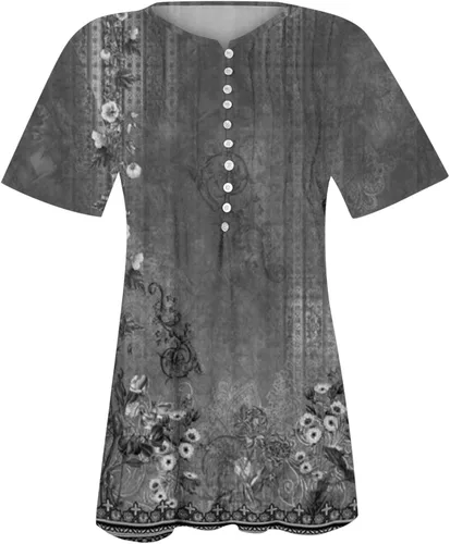 Vista 2 de Camisetas de verano para mujer, a la moda, casual, retro, con botones, cuello redondo, manga corta