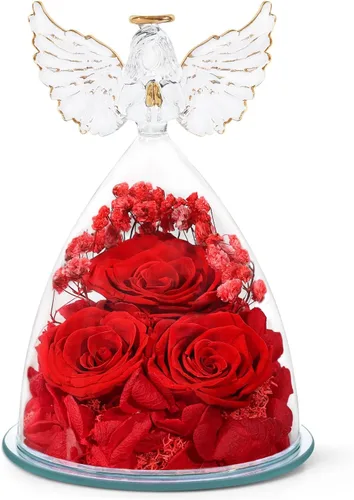Vista 9 de Regalos de rosas preservadas para mujeres, flores frescas eternas en cristal con figuras de ángel para entrega, rosas moradas para abuela, mamá