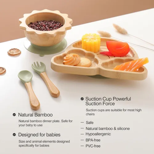 Vista 4 de let's make Juego de Platos y Cuencos de Bambú con Ventosa para Bebé y Niño Pequeño, Bandeja Dividida, Cuenco de Comida con Tenedor y Cuchara de Set