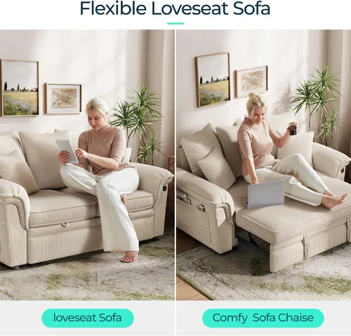 Vista 4 de LINSY HOME Sofá modular con cama extraíble, sofá biplaza modular de pana grande, reposabrazos ancho, sofá modular de 62 pulgadas y 2 asientos