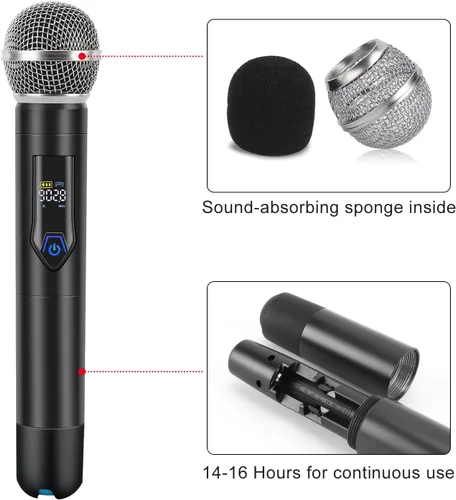 Vista 5 de Sistema de Micrófono Inalámbrico con Estuche, Micrófono Inalámbrico Dual de Mano UHF Metálico de 20 Canales Profesional para Iglesia, DJ, Karaoke
