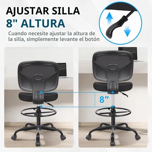 Vista 6 de Primy Silla Alta de Escritorio de Dibujo - Sin Brazos, Altura Ajustable, Respaldo de Malla, con Ruedas, Silla de Escritorio de Pie para Sala de Negro