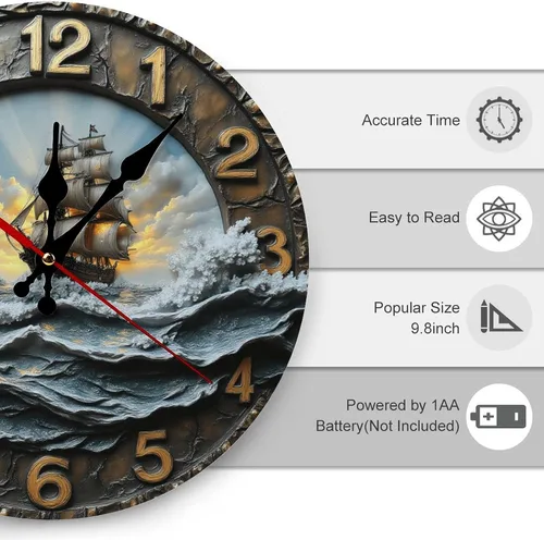 Vista 2 de Relojes de pared con estampado de velero retro para sala de estar, relojes de pared con pilas, silenciosos, sin tictac, 10 pulgadas, impresión 2D