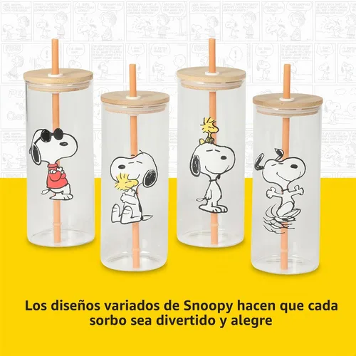 Vista 5 de Peanuts Snoopy Happy Sips Juego de 4 Vasos de 23 OZ con 4 Tapas de Bambú y 4 Pajitas, Café Helado, Batido, Vaso de Agua - Apto para Lavavajillas