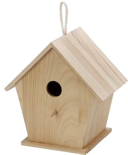 Vista 6 de Darice Casa de pájaros natural sin terminar – Madera clara, agujero de estrella – para proyectos de vacaciones y decoración del hogar – Decora