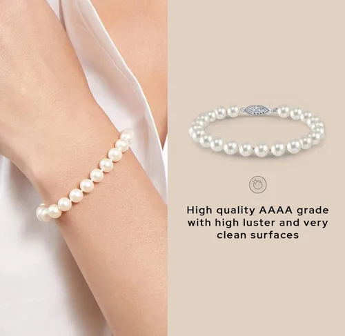 Vista 4 de The Pearl Source Pulsera de perlas blancas de agua dulce para mujer, pulsera de perlas cultivadas con cierre chapado en oro de 14 quilates
